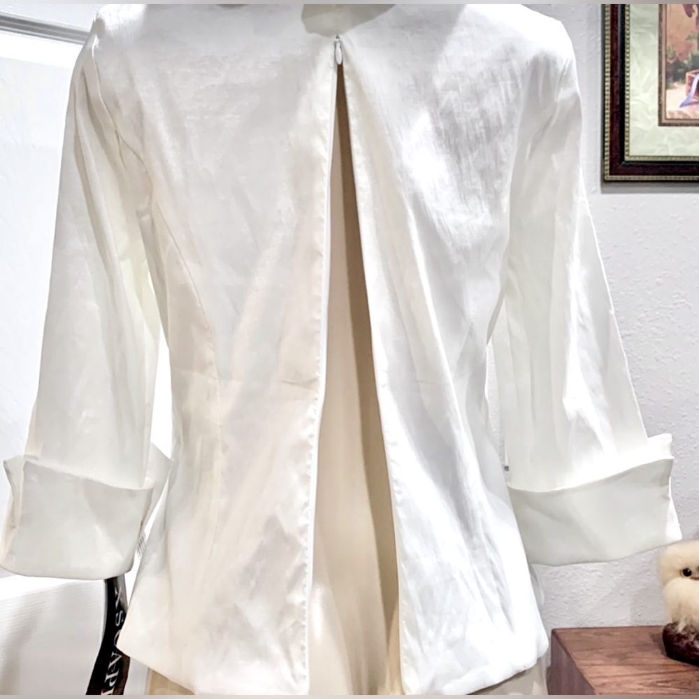 Xscape 3/4 Cuffed Sleeve Ruffled & Embellished Formal White Taffeta w Black Trim - Picture 9 of 11